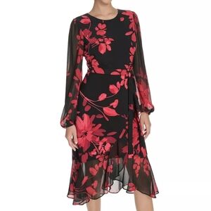 ​Tommy Hilfiger Black Red Floral Faux Wrap Midi Dress Chiffon Sleeves Size 6